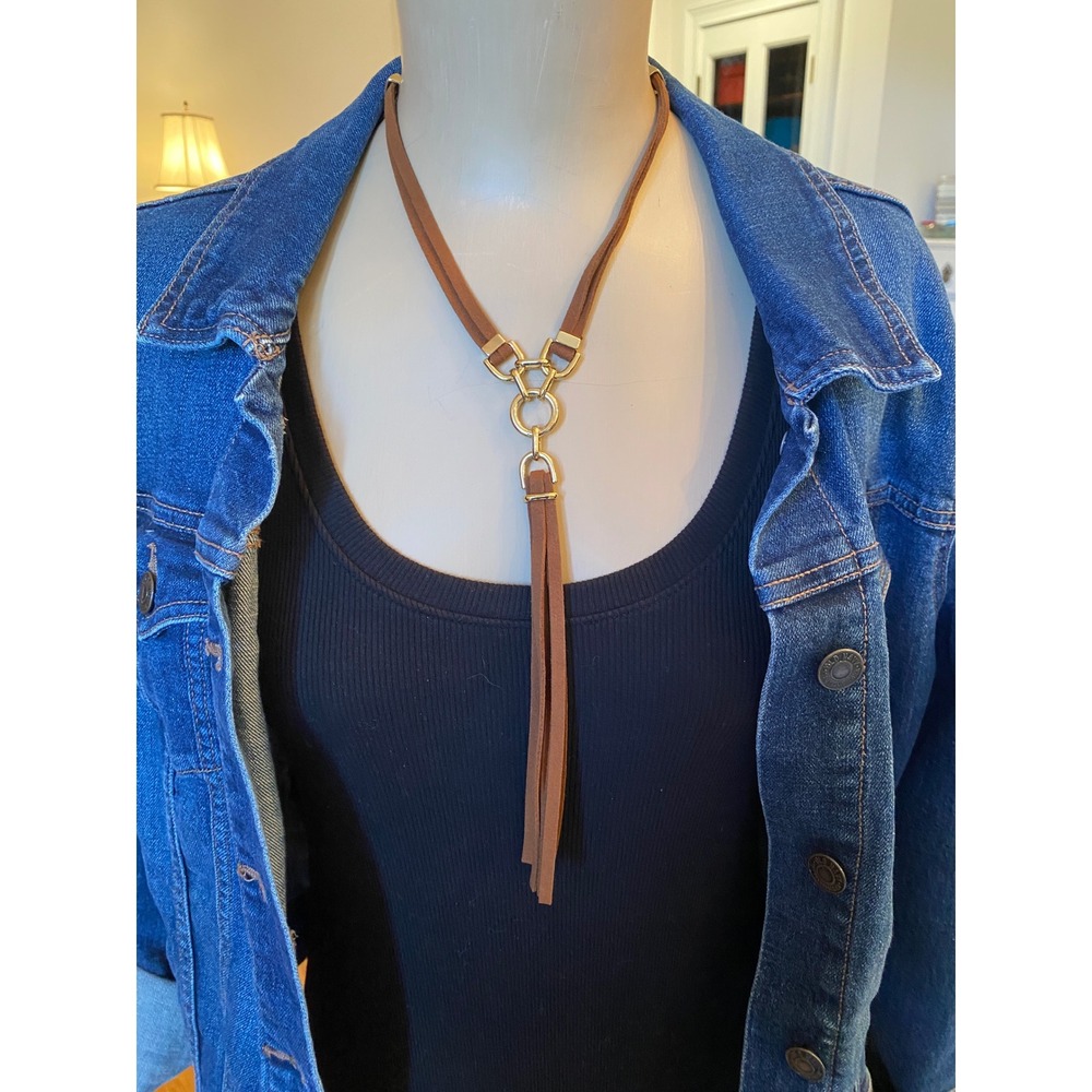 Chicos Brown Faux Suede Gold Tone Tassel Y-Necklace Adjustable Boho Statement‎